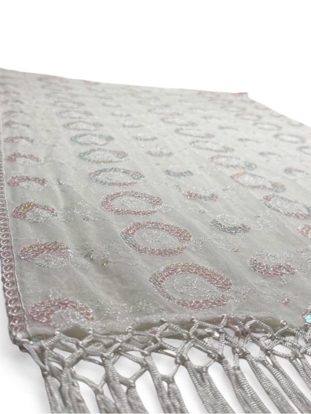 Y2K Pink White Iridescent Sequin Mesh Shawl Embroidered Fringe Scarf Wrap Sarong